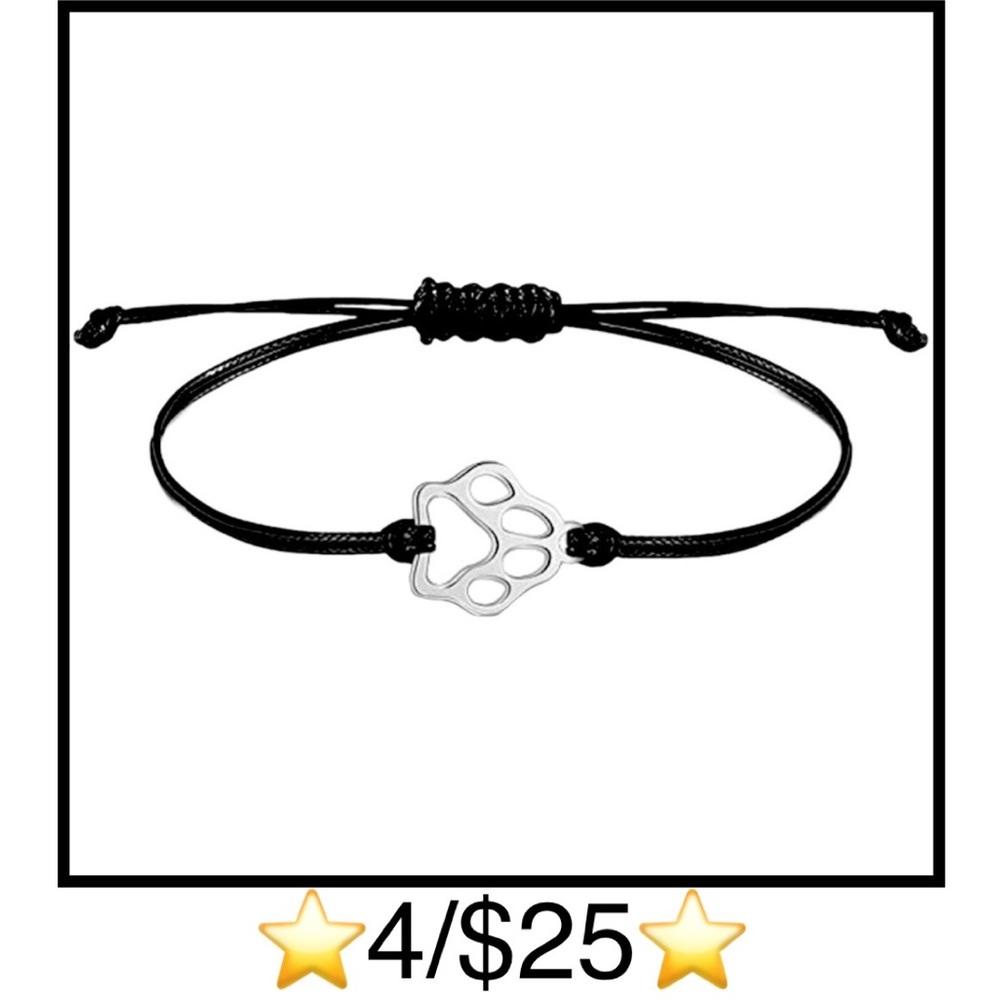 Stainless Steel Paw Print Adjustable Bracelet, Waterproof, Silver Tone & Black